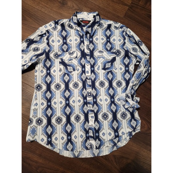 Rock & Roll XXL Denim Modern Fit Western Aztec Long Sleeve Button Down Shirt - Picture 2 of 7